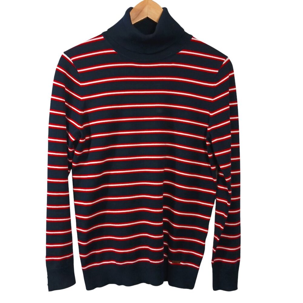 Tommy Hilfiger Turtleneck Sweater, Navy with Red and White Stripes, Size Medium